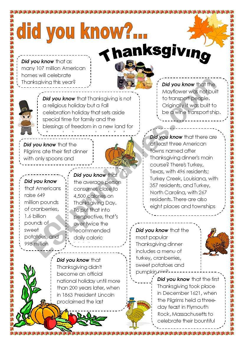 Thanksgiving Facts - Esl Worksheetintothefire pertaining to Thanksgiving Facts Worksheet