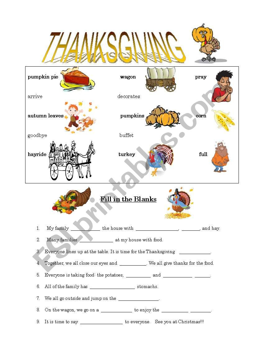 Thanksgiving Fill In The Blanks - Esl Worksheetjbm182 within Fill in the Blank Thanksgiving Worksheets