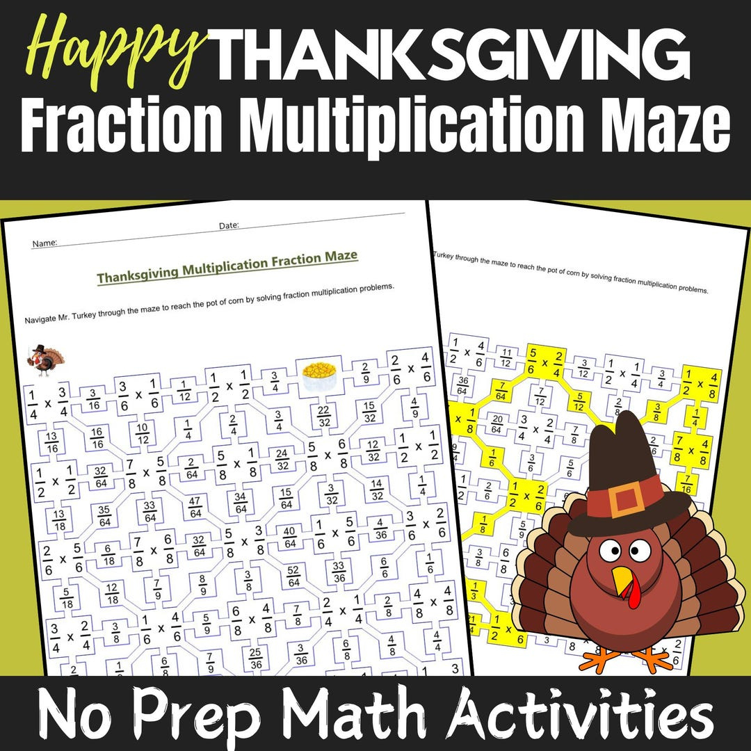Thanksgiving Fraction Multiplication Maze: Math Worksheets intended for Thanksgiving Fraction Math Worksheets