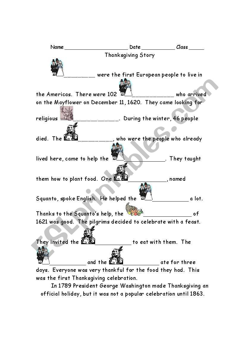 Thanksgiving History Cloze #1 - Esl Worksheetsuperjoy in Thanksgiving Cloze Worksheets