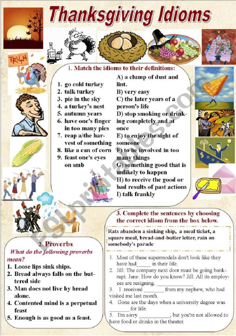 Thanksgiving Idioms And Proverbs (With Keys) - Esl Worksheet in Thanksgiving Idioms Worksheet