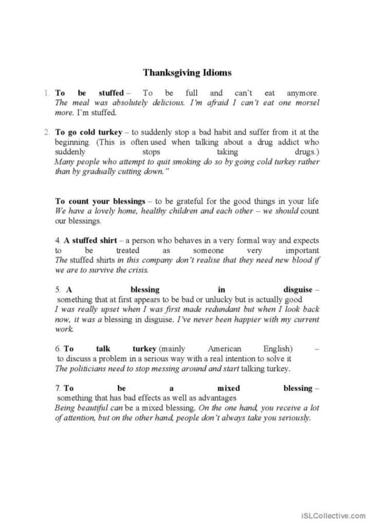 Thanksgiving Idioms Worksheet