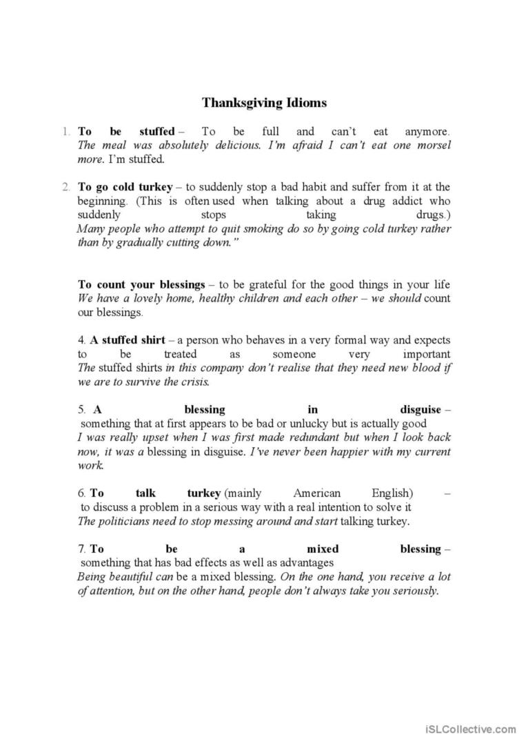 Thanksgiving Idioms: English Esl Worksheets Pdf &amp;amp; Doc regarding Thanksgiving Idioms Worksheet