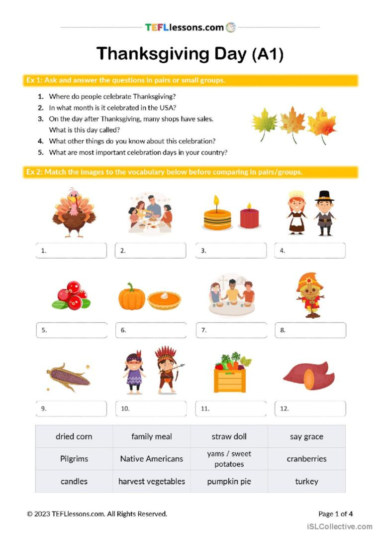 Thanksgiving Lesson (A1 Level) Gener…: English Esl Worksheets Pdf pertaining to Thanksgiving Esl Worksheets