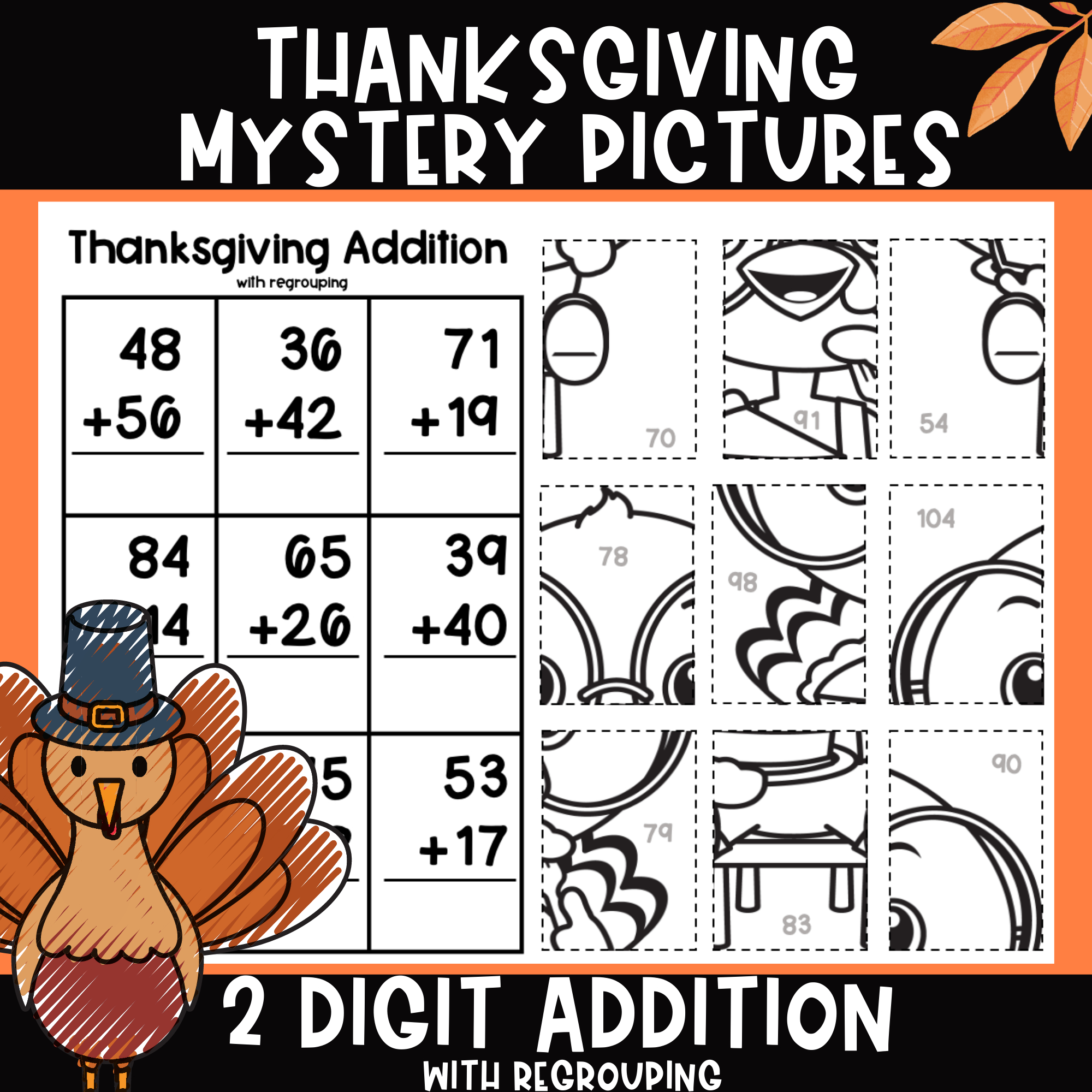 Thanksgiving Math 2 Digit Addition With Regrouping Mystery Pictures with Thanksgiving Mystery Math Picture Worksheet