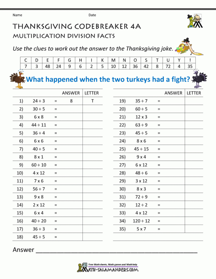 4th Grade Thanksgiving Math Worksheets