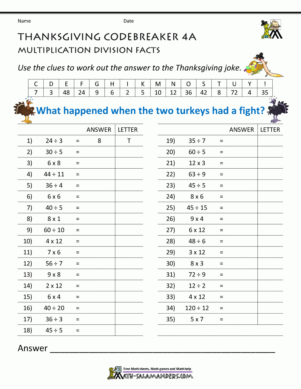 Thanksgiving Math Activities 4Th Grade within 4th Grade Thanksgiving Math Worksheets