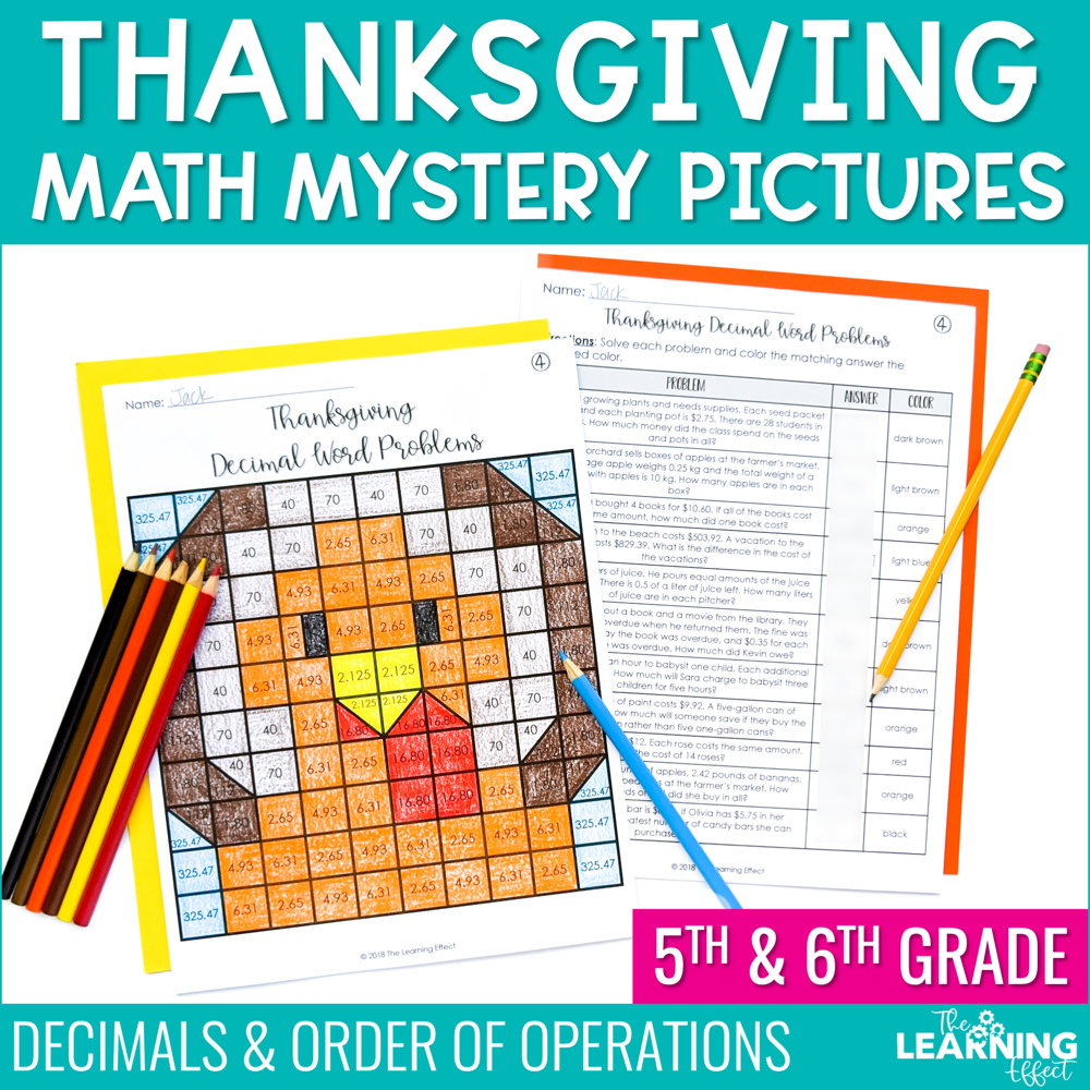 Thanksgiving Math Activities Mystery Picture Worksheets | Decimals for Thanksgiving Mystery Math Picture Worksheet