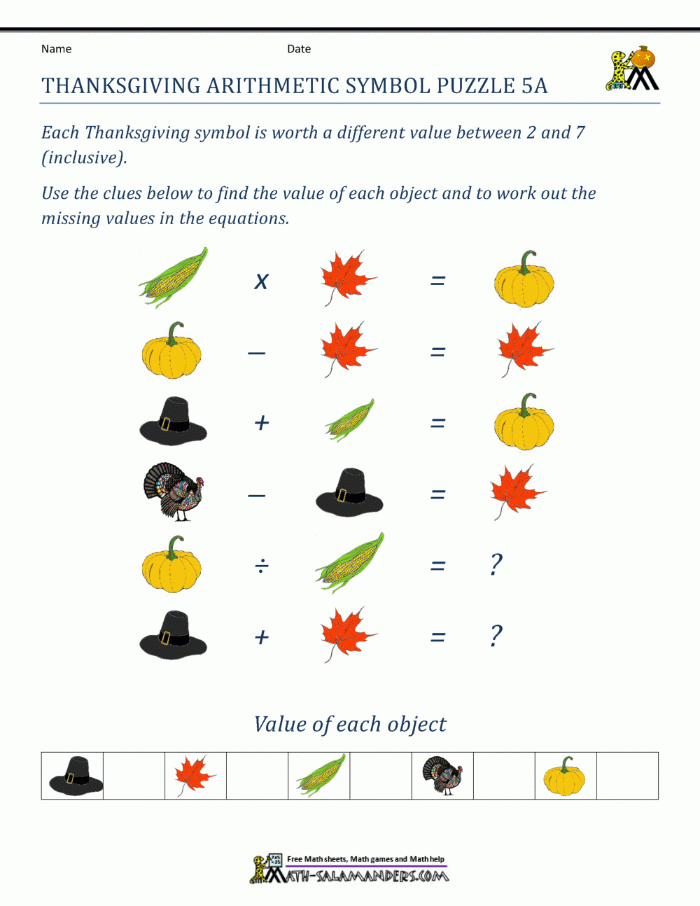 Thanksgiving Math Puzzles intended for 7 2 Thanksgiving Worksheet Answers