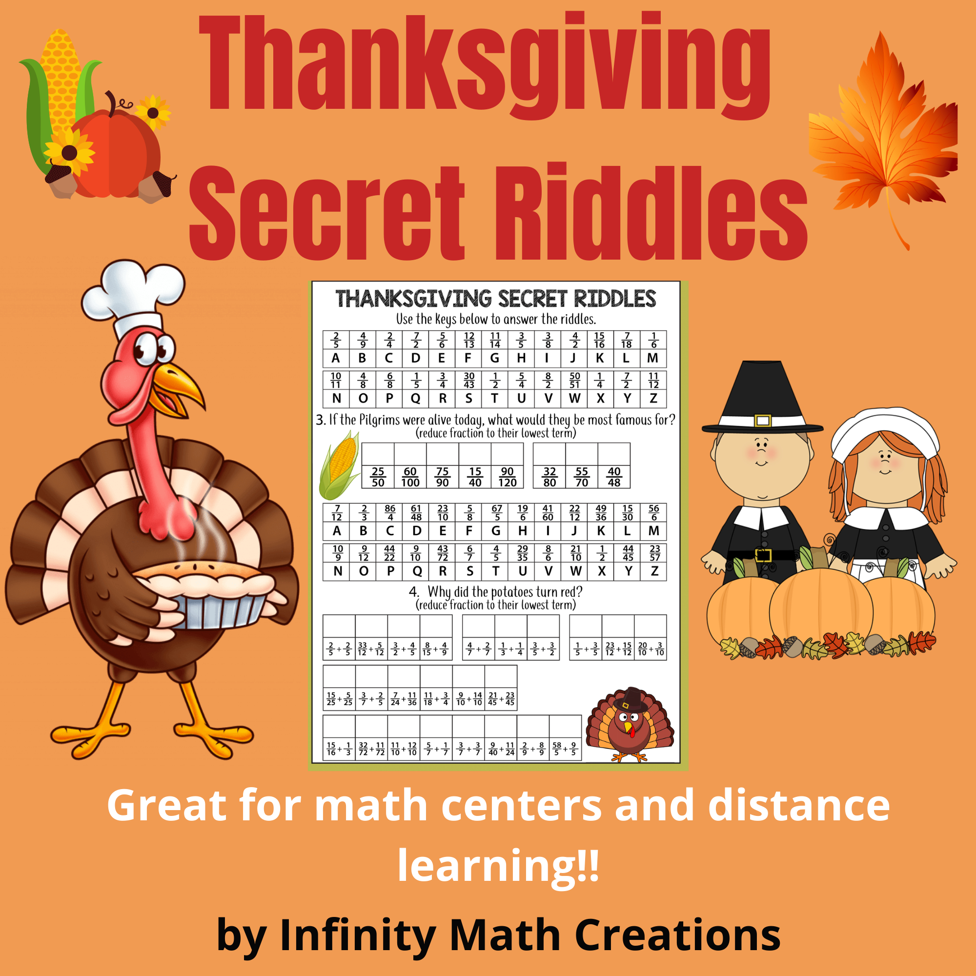 Thanksgiving Math Riddles--Decimals Percents Fractions in Thanksgiving Fractions Worksheets