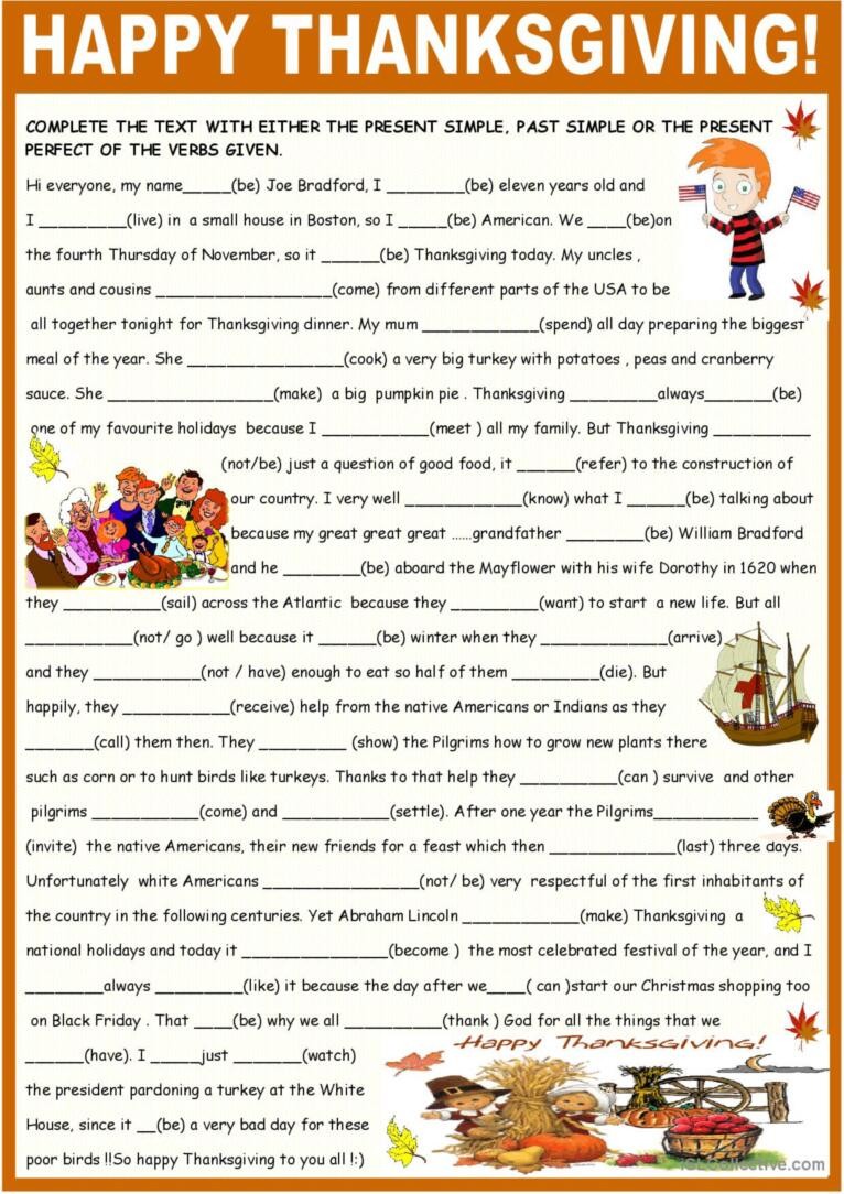 Thanksgiving, Past Present And Prese…: English Esl Worksheets Pdf with Thanksgiving Grammar Worksheets
