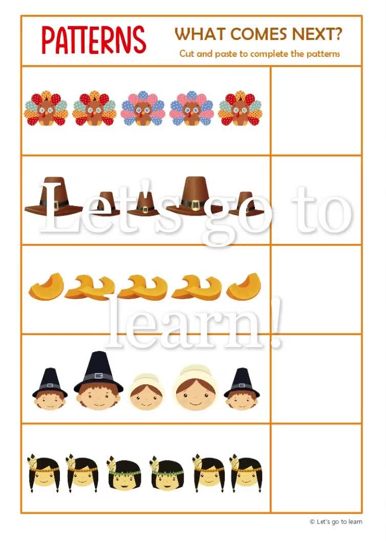 Thanksgiving Pattern Worksheets - What Comes Next Activity - Preschool &amp;amp;  Kindergarten - Homeschool - Busy Book Pages - Educational Printable with regard to Thanksgiving Pattern Worksheets For Preschoolers