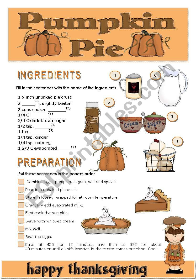 Thanksgiving Pumpkin Pie - Esl Worksheetteresaraiva pertaining to Thanksgiving Pumpkin Worksheet