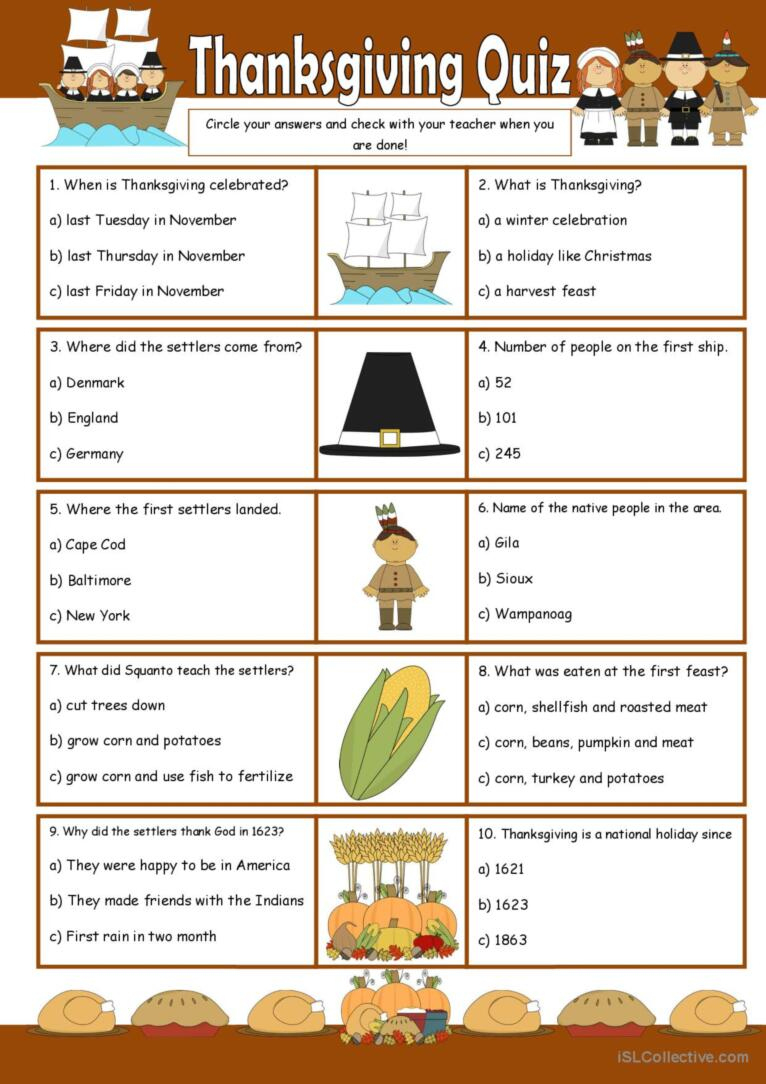 Thanksgiving Quiz: English Esl Worksheets Pdf &amp;amp; Doc inside Thanksgiving A Day of Thanks Worksheet Answers