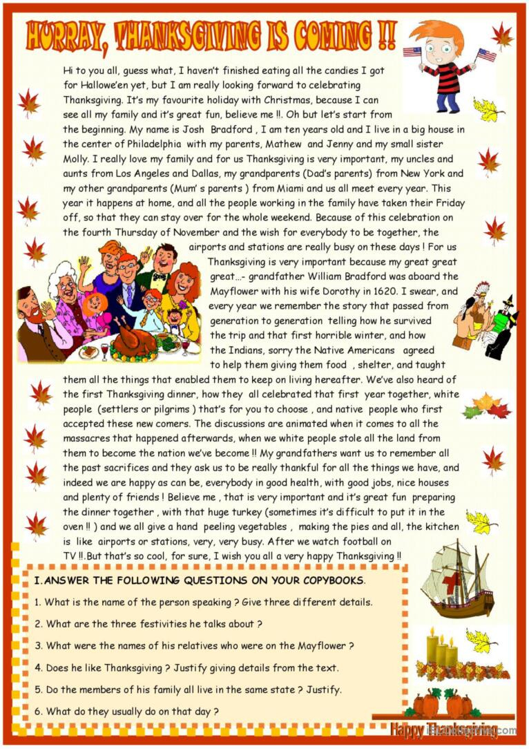 Thanksgiving : Reading Comprehension…: English Esl Worksheets Pdf throughout Thanksgiving Reading Worksheets