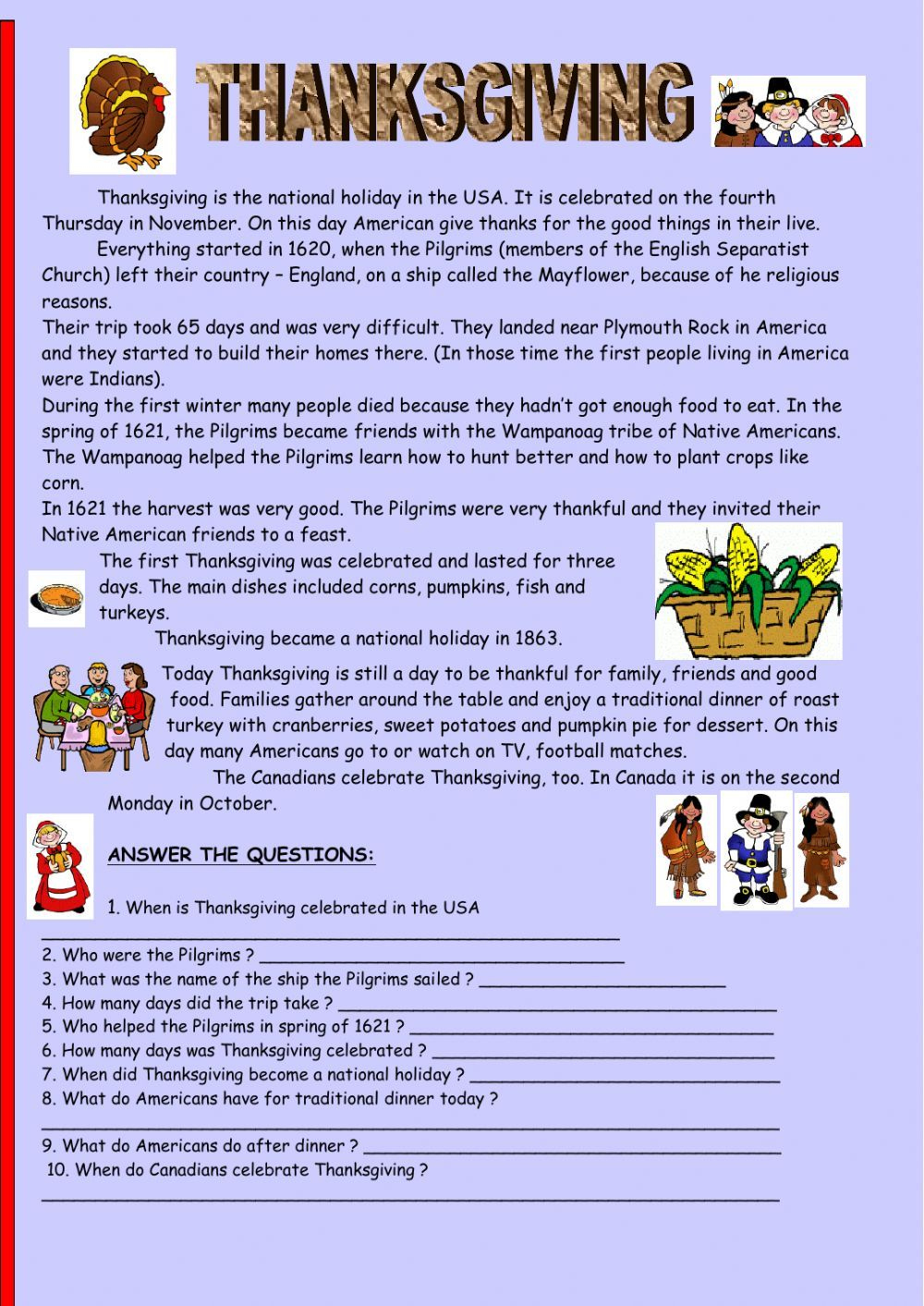 Thanksgiving Reading Comprehension Worksheet regarding Thanksgiving Reading Comprehension Worksheets