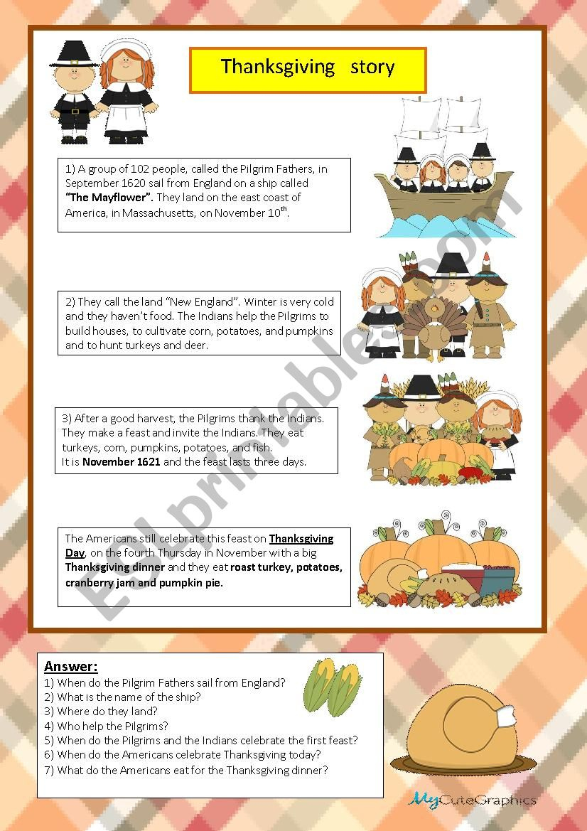 Thanksgiving Story - Esl Worksheetmaestralidia intended for Thanksgiving History Worksheets