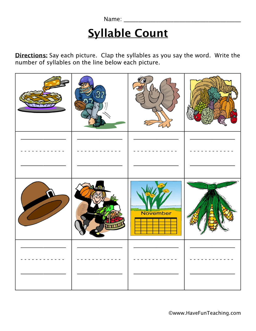 Thanksgiving Syllables Worksheet - Have Fun Teaching with regard to Thanksgiving Syllables Worksheet