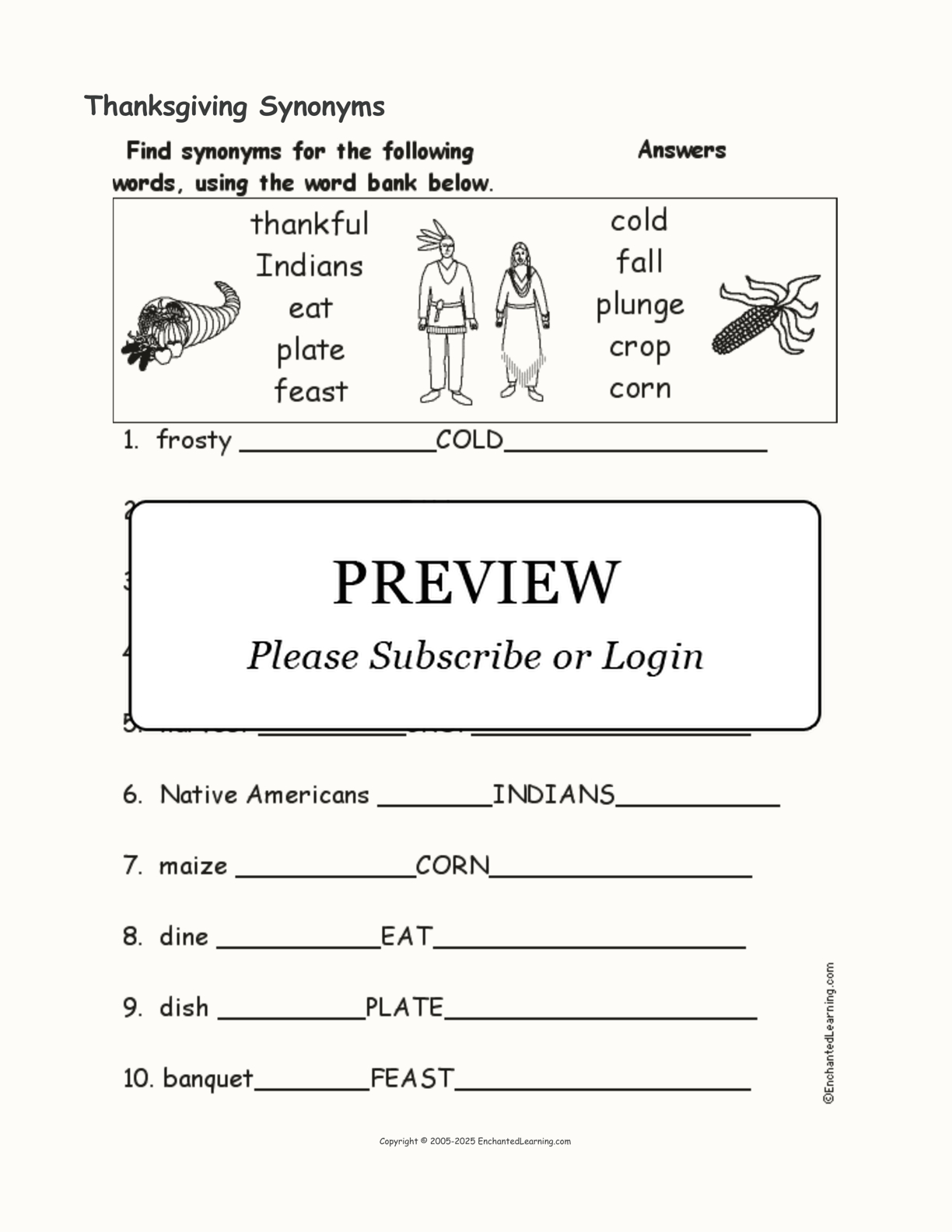 Thanksgiving Synonyms - Enchanted Learning intended for Thanksgiving Synonyms Worksheet