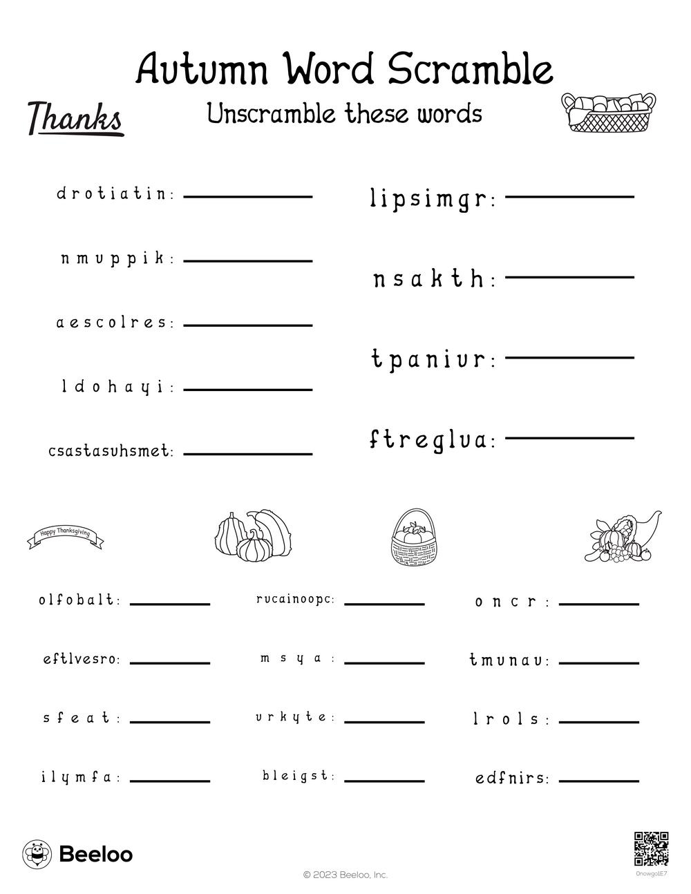 Thanksgiving-Themed Word Scrambles • Beeloo Printable Crafts And for Thanksgiving Unscramble Worksheets