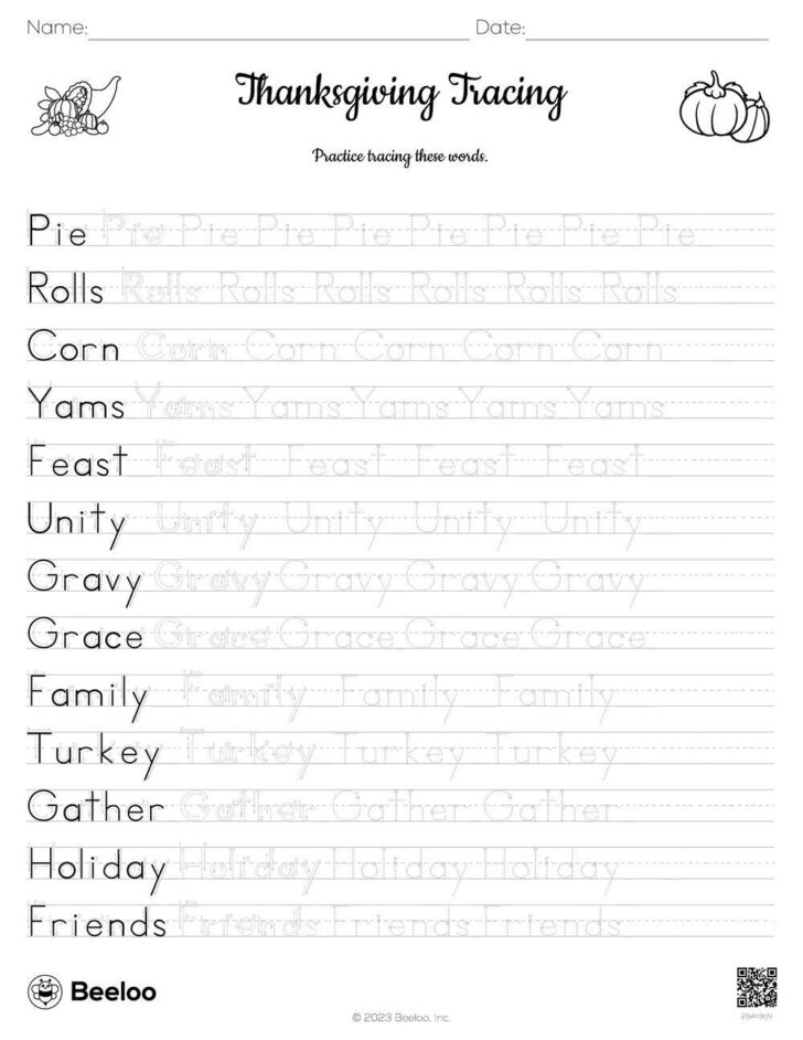Thanksgiving Tracing Worksheets