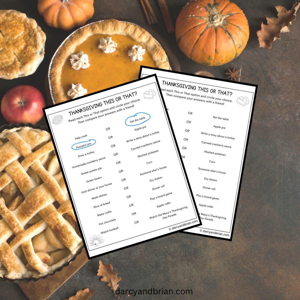 Thanksgiving This Or That Questions Printable Worksheet For Kids throughout Thanksgiving and the Pumpkin Pie Worksheet