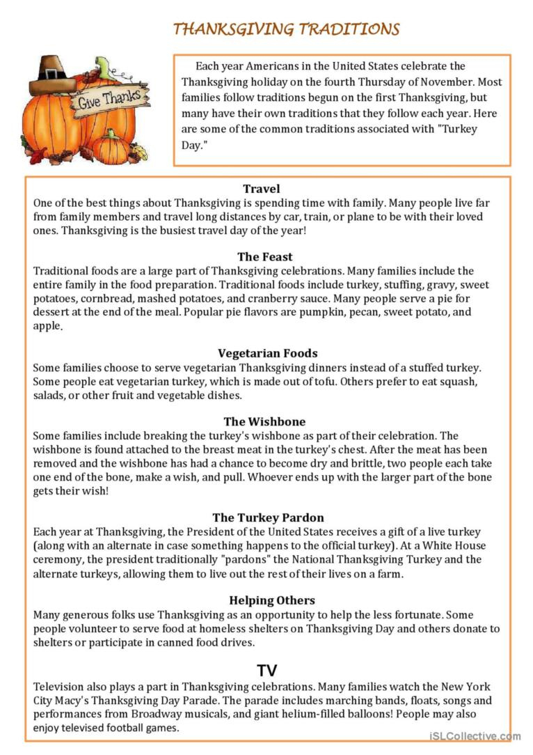 Thanksgiving Traditions Reading For…: English Esl Worksheets Pdf &amp;amp; Doc for Thanksgiving Traditions Worksheet