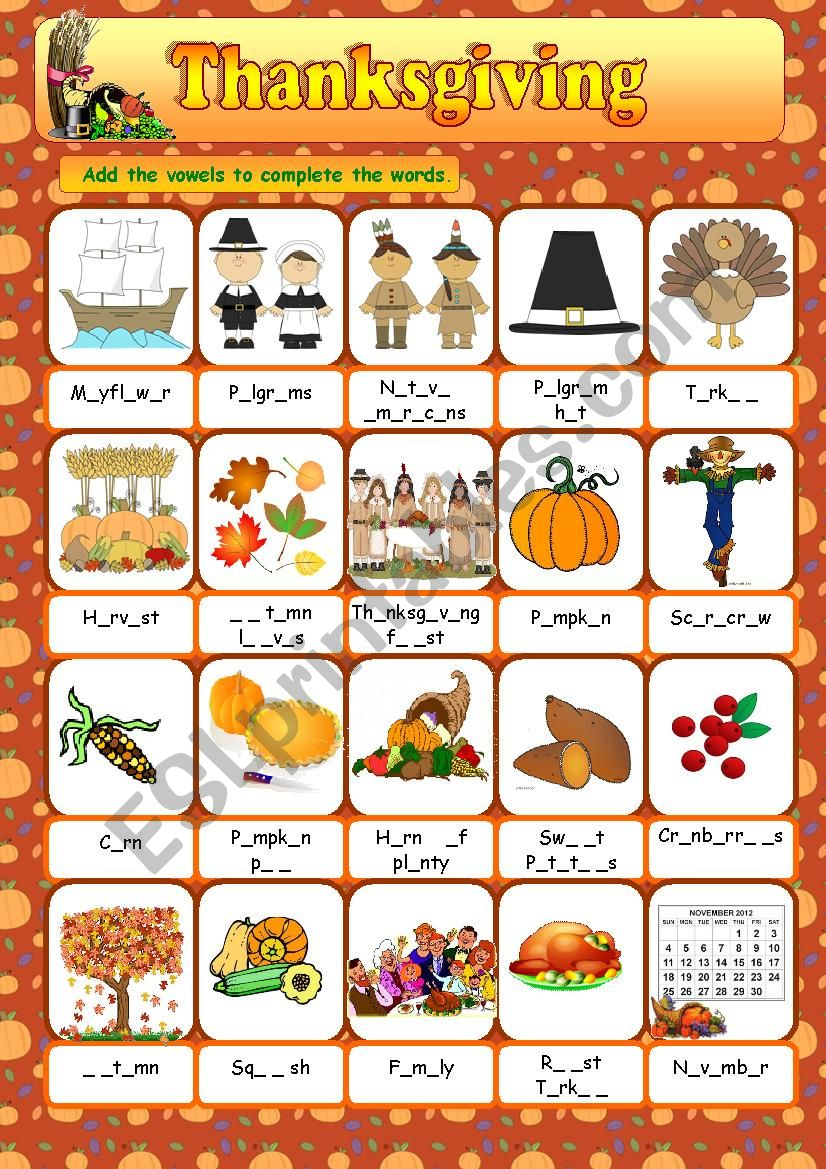 Thanksgiving Vocabulary - Esl Worksheetanna P regarding Thanksgiving Vocabulary Worksheet
