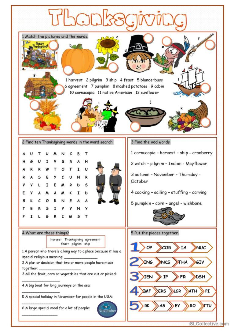 Thanksgiving Vocabulary Exercises Wo…: English Esl Worksheets Pdf with regard to Thanksgiving On Thursday Worksheets