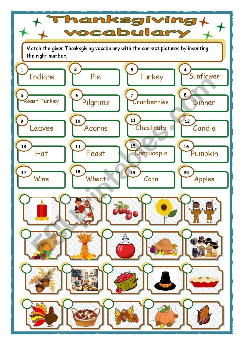 Thanksgiving - Vocabulary - Matching - Esl Worksheetmarãlia Gomes within Thanksgiving Matching Worksheet