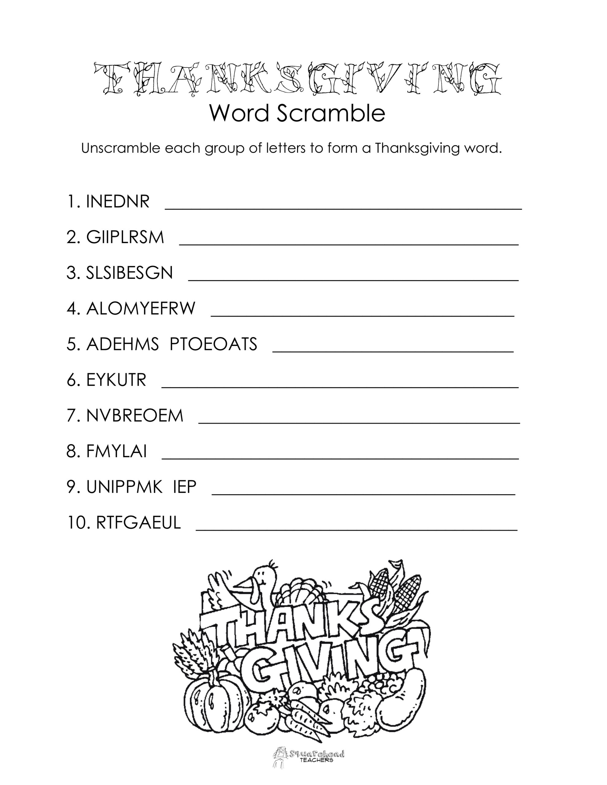 Thanksgiving Word Scramble (Free Worksheet) | Squarehead Teachers pertaining to Thanksgiving Word Scramble Worksheet