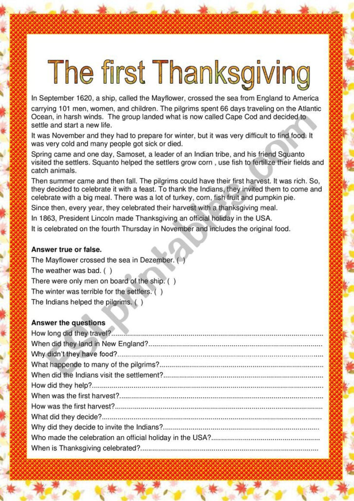 The First Thanksgiving Worksheet Answers