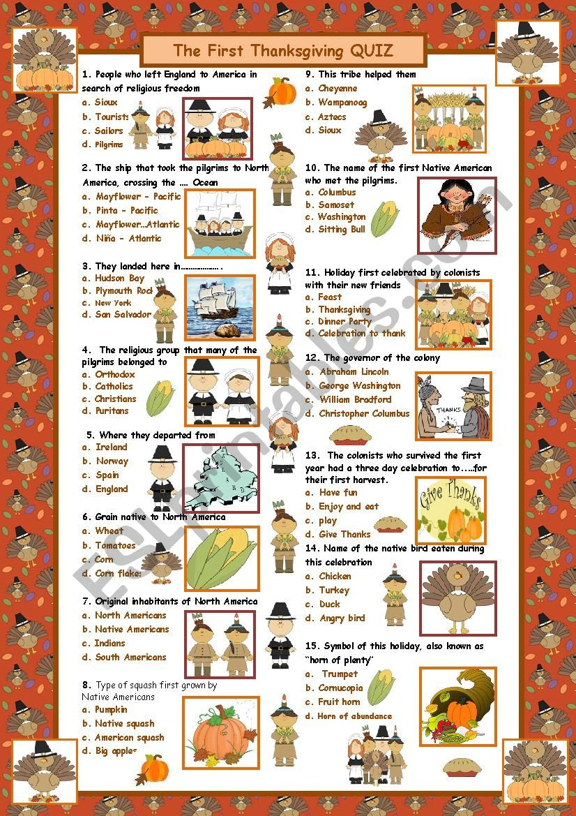 The First Thanksgiving Quiz (With Answers) - Esl Worksheetmaguyre inside The History of Thanksgiving Worksheet Answers