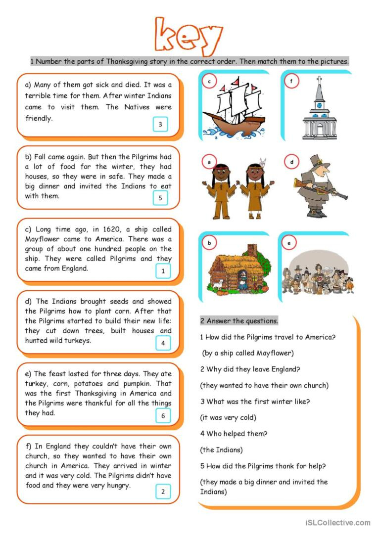 The First Thanksgiving Reading For D…: English Esl Worksheets Pdf in First Thanksgiving Reading Comprehension Worksheet