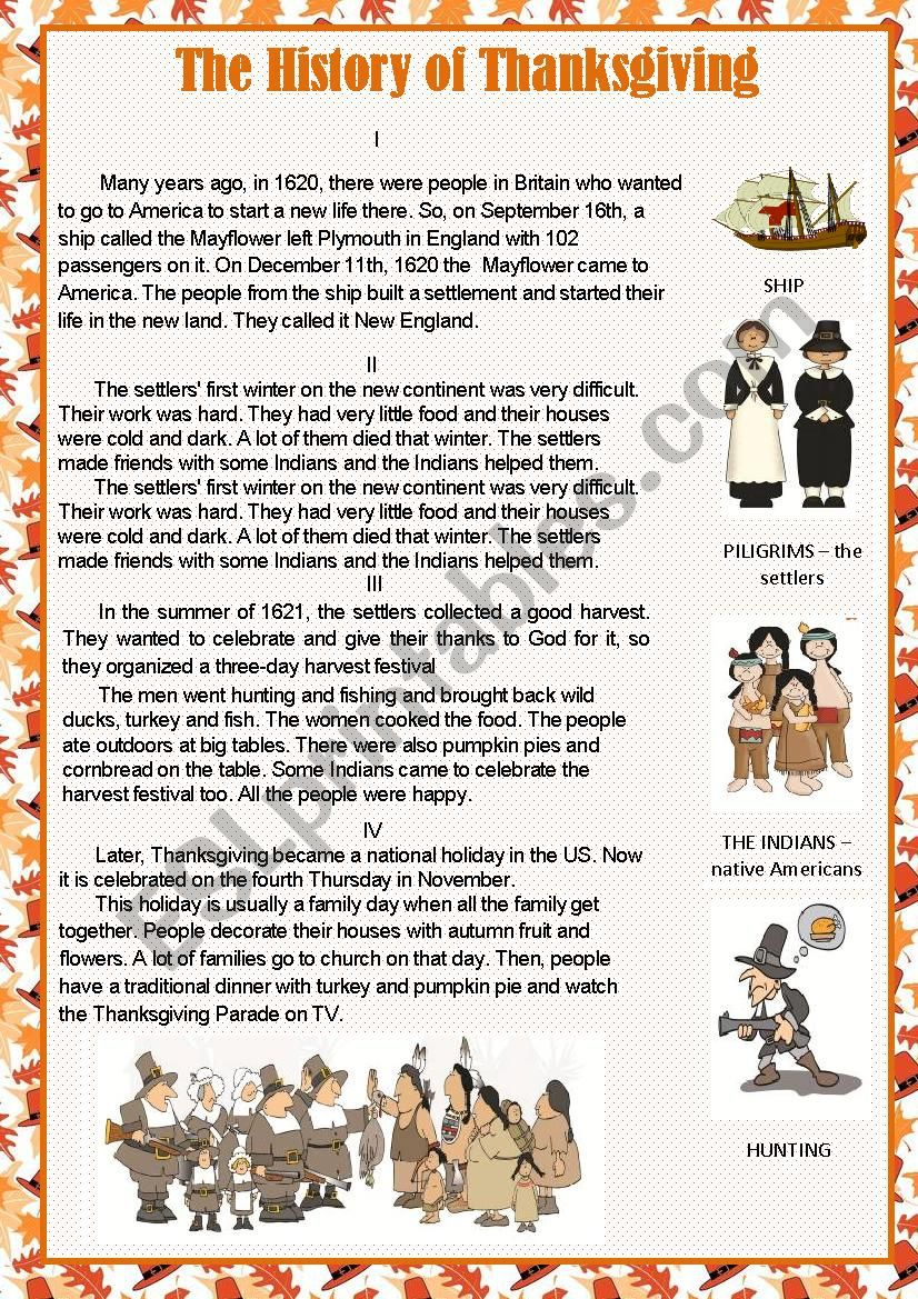 The History Of Thanksgiving - Esl Worksheetlediti pertaining to History of Thanksgiving Reading Comprehension Worksheets