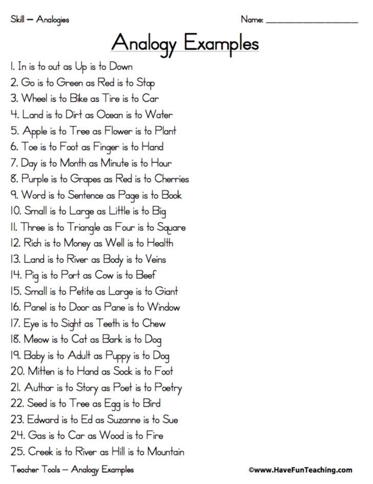 Thanksgiving Analogies Worksheet Answer Key