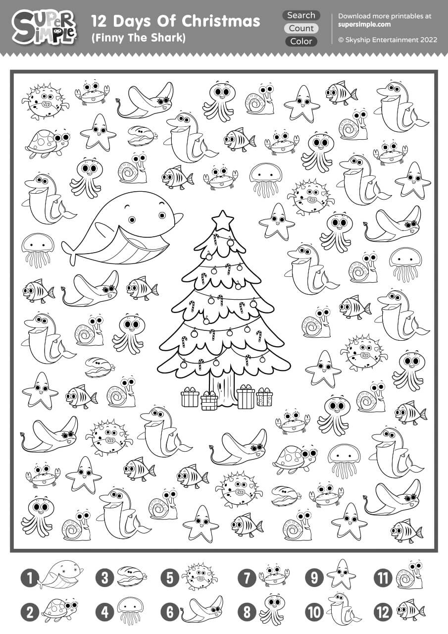12 Days Of Christmas (Finny The Shark) - Search, Count, &amp;amp; Color within 12 Days Of Christmas Worksheets Answers