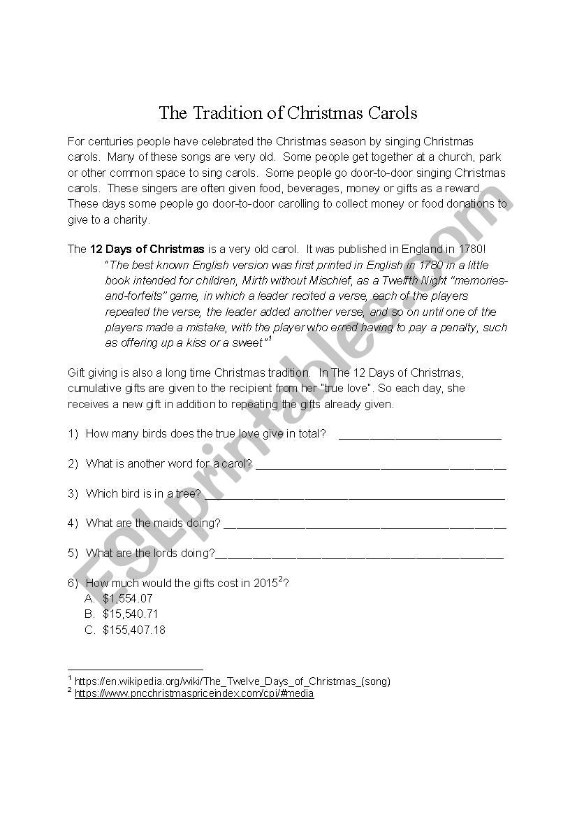12 Days Of Christmas (History And Worksheet) - Esl Worksheet within 12 Days Of Christmas Cost Worksheets