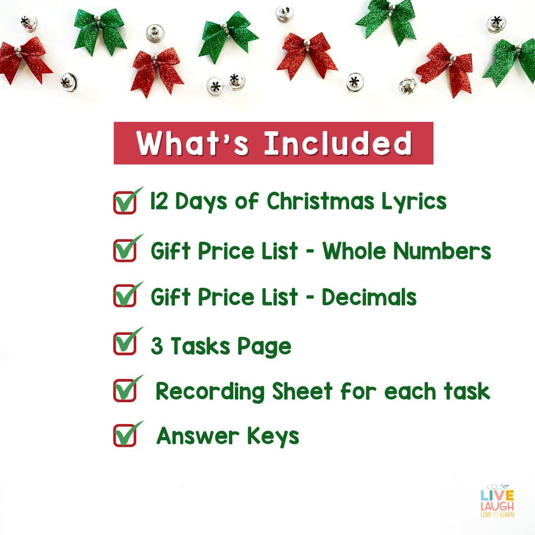 12 Days Of Christmas Math Project: Adding Decimals &amp;amp; Whole Numbers in 12 Days Of Christmas Cost Worksheets