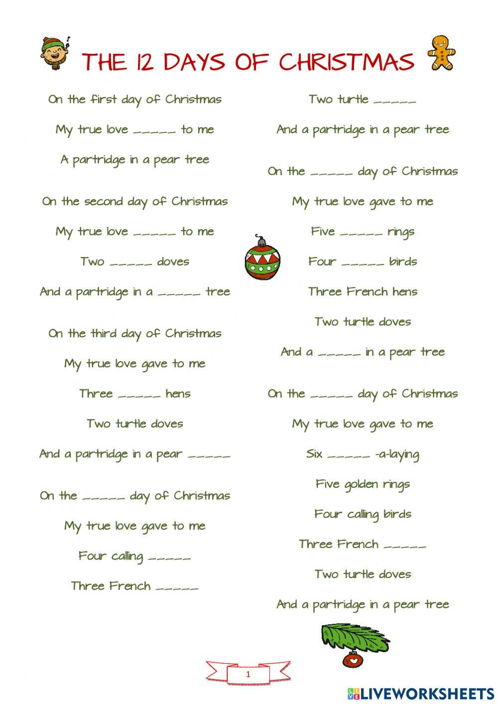 12 Days Of Christmas Worksheet - Worksheets Library with regard to The Twelve Days of Christmas Worksheets