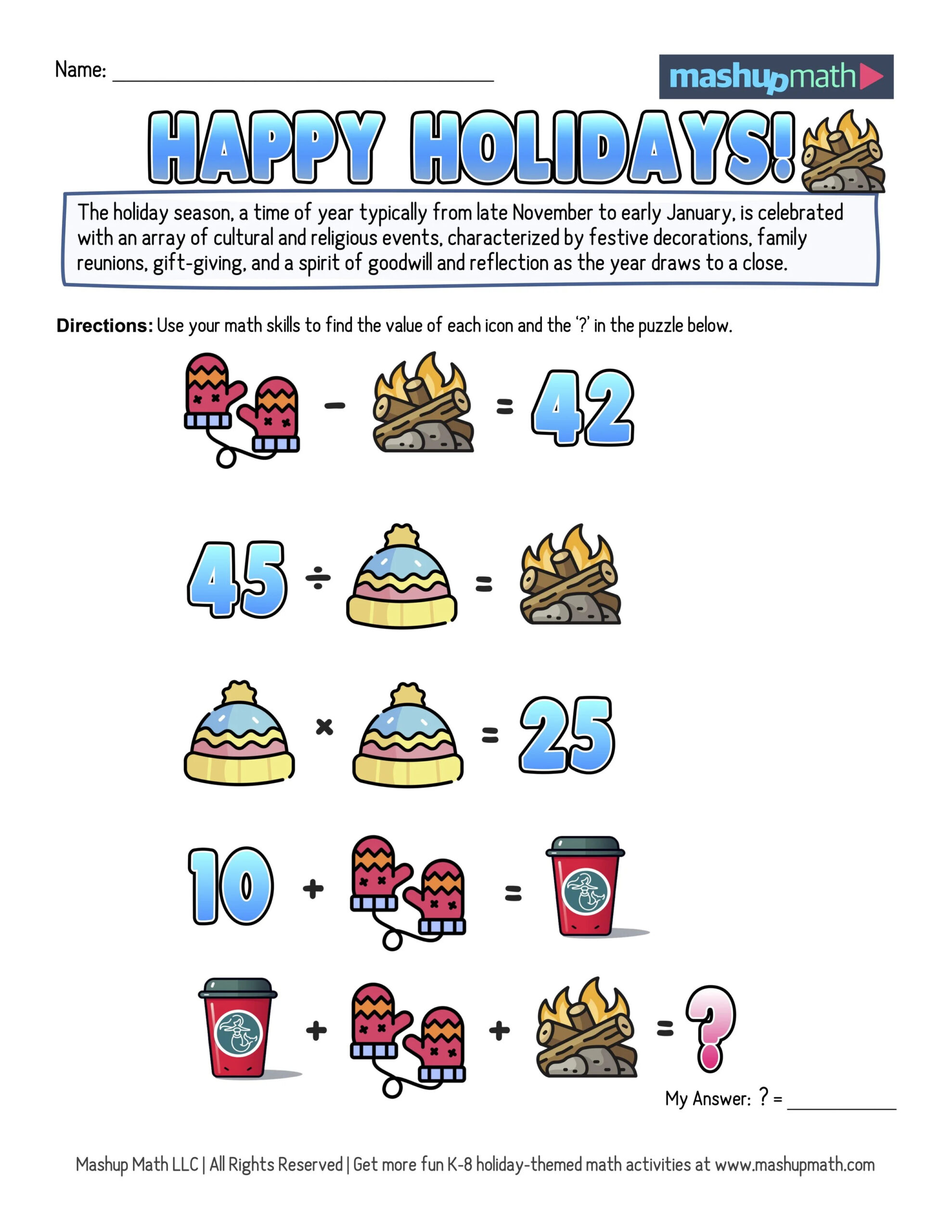 12 Days Of Holiday Math Puzzles—Printable K-8 Worksheets — Mashup Math for 12 Days Of Christmas Math Worksheets Answers