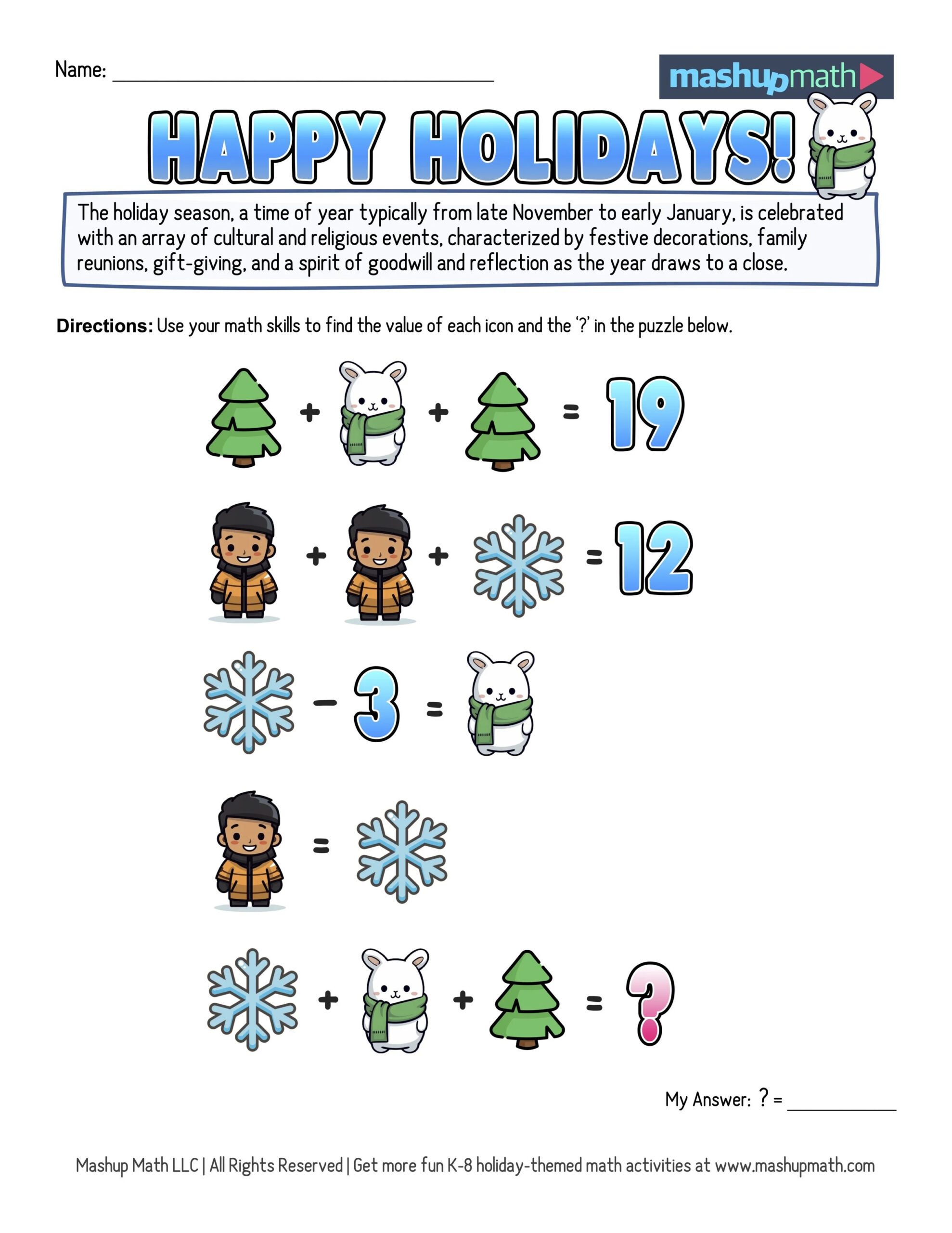 12 Days Of Holiday Math Puzzles—Printable K-8 Worksheets — Mashup Math inside 12 Days of Christmas Math Worksheets Answers