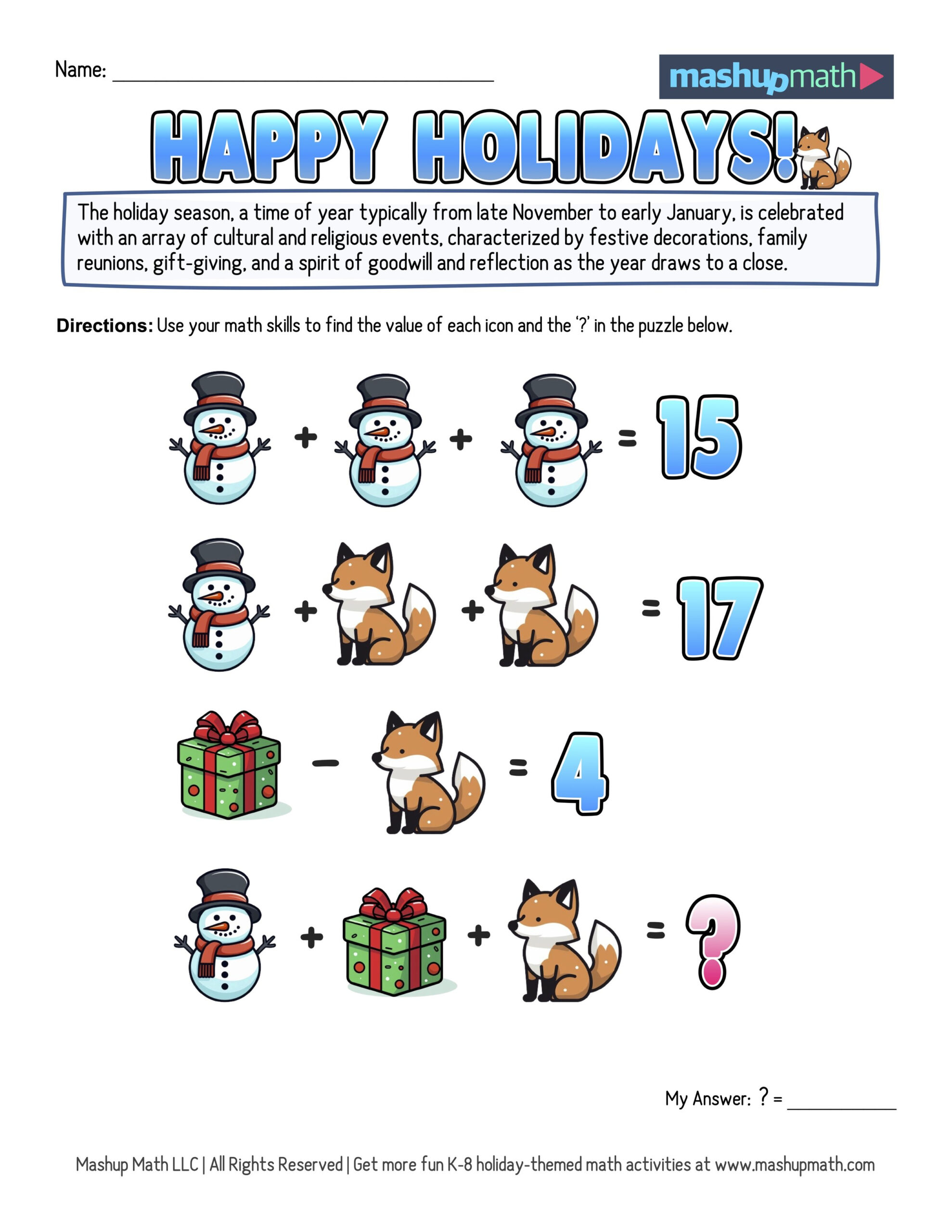 12 Days Of Holiday Math Puzzles—Printable K-8 Worksheets — Mashup Math pertaining to 12 Days of Christmas Math Worksheets Answers