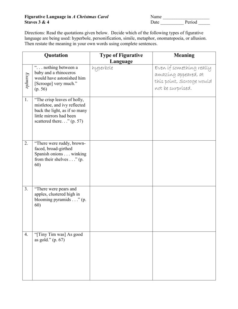 A Christmas Carol: Figurative Language Worksheet pertaining to A Christmas Carol Figurative Language Worksheets Answers