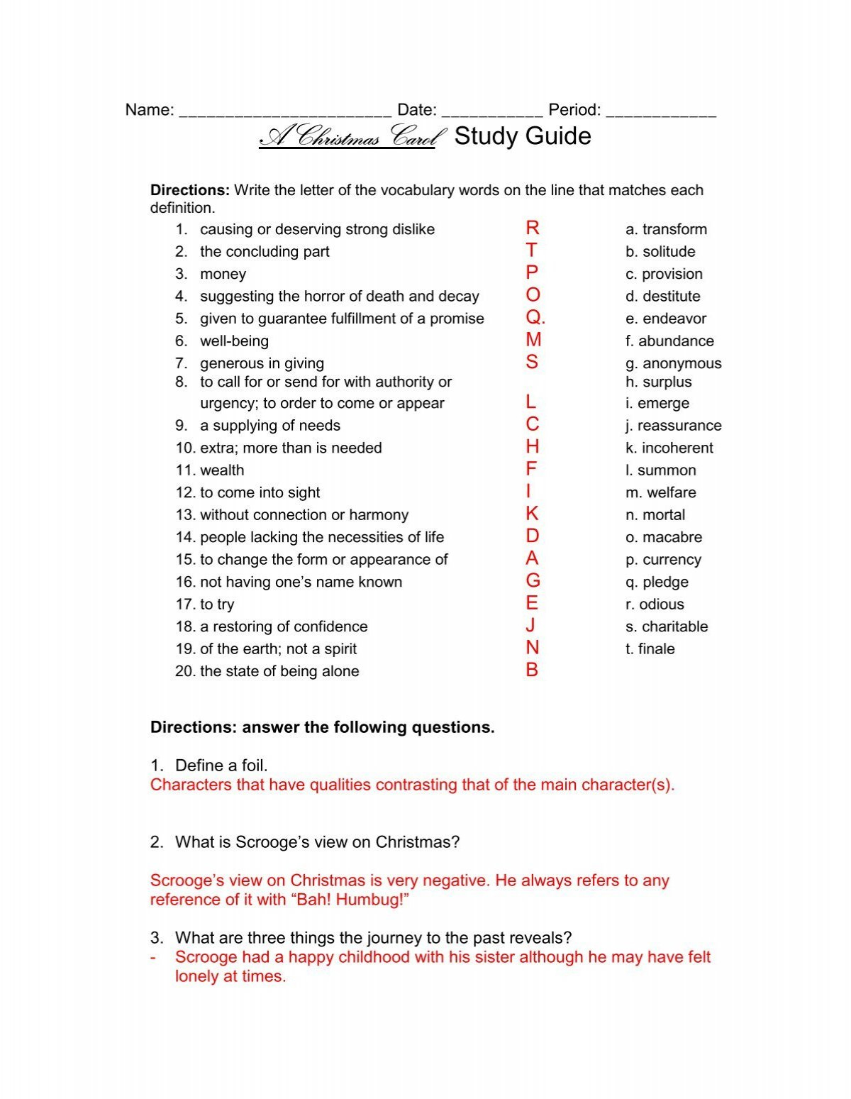 A Christmas Carol Study Guide - Answer Key within A Christmas Carol Worksheets Answers