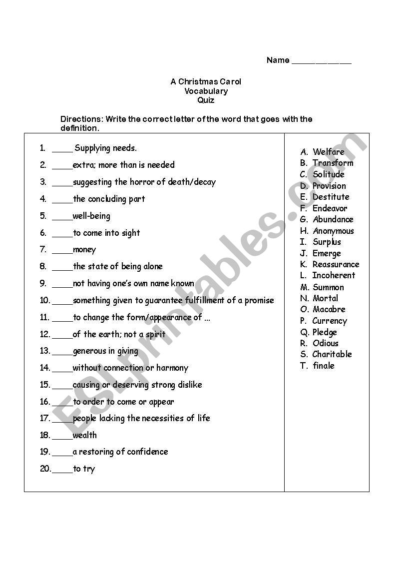 A Christmas Carolcharles Dickens Vocabulary Quiz - Esl with regard to A Christmas Carol Vocabulary Worksheets Answers