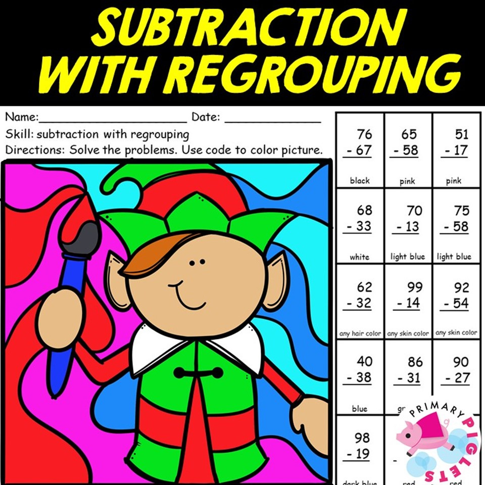 Christmas 2-Digit Subtraction With Regrouping Colornumber Code inside Christmas Subtraction Worksheets Regrouping