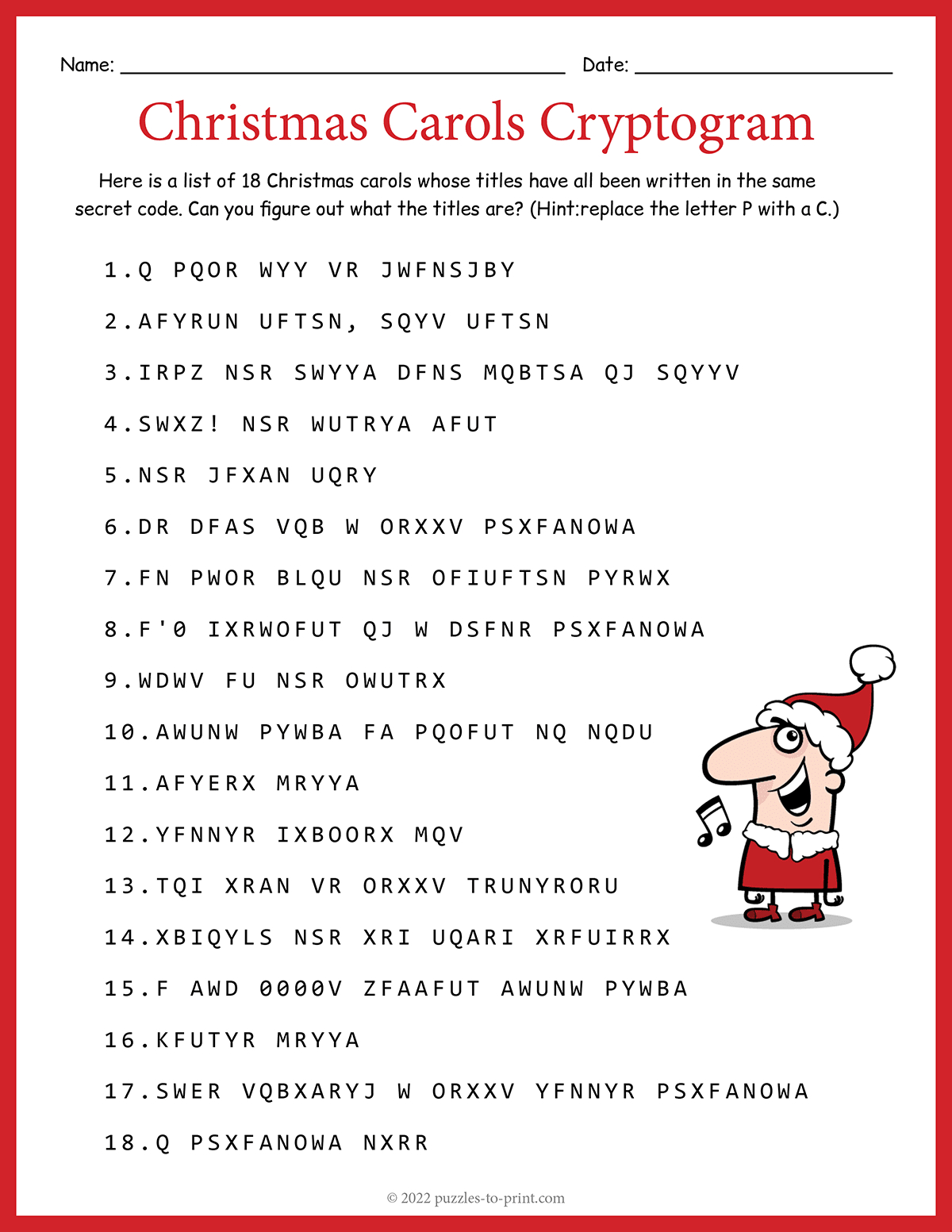 Christmas Carols Cryptogram for Christmas Carols Worksheets Picture Answers
