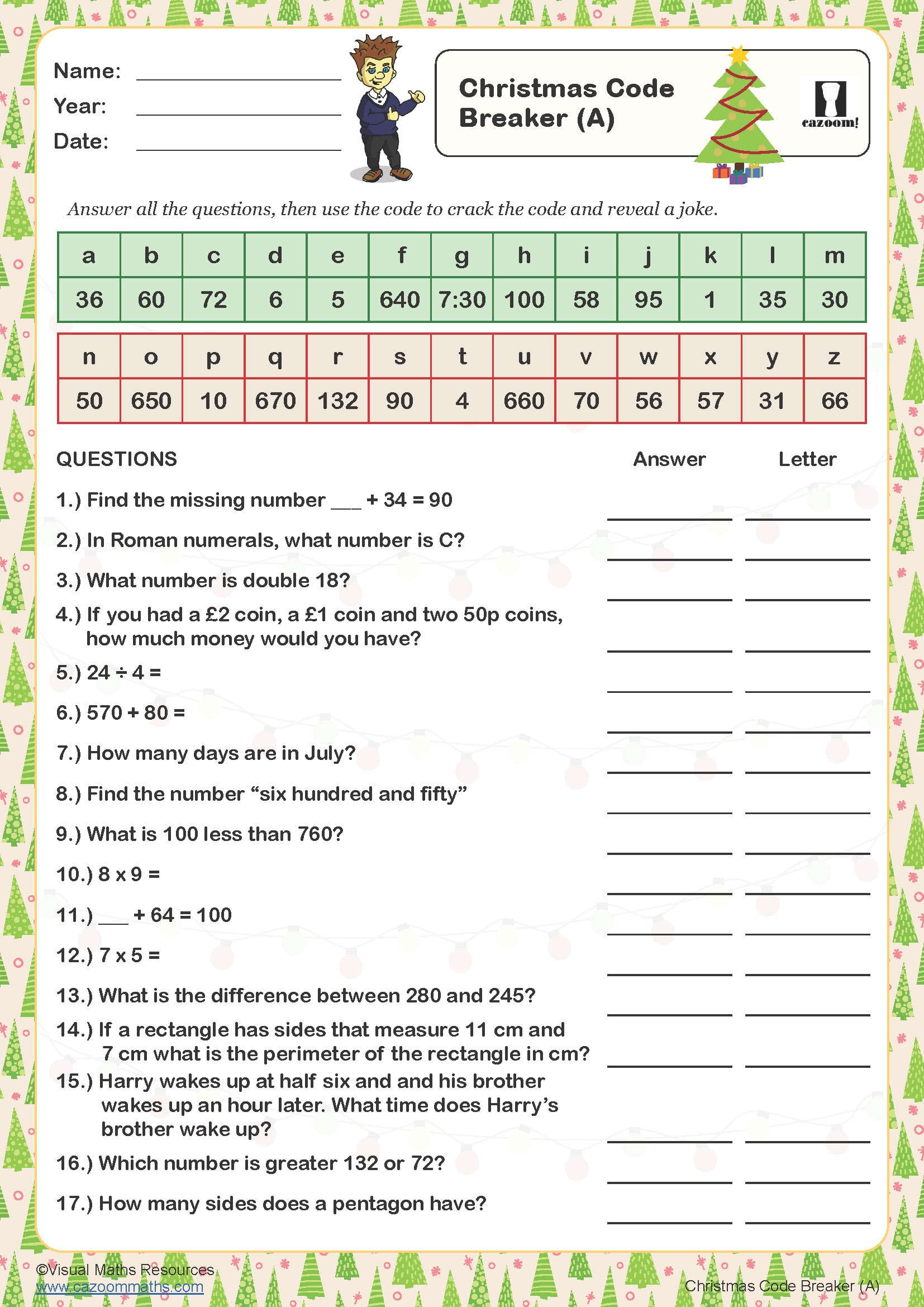 Christmas Code Breaker (A) Worksheet | Cazoom Maths Worksheets within Christmas Code Breaker Worksheets
