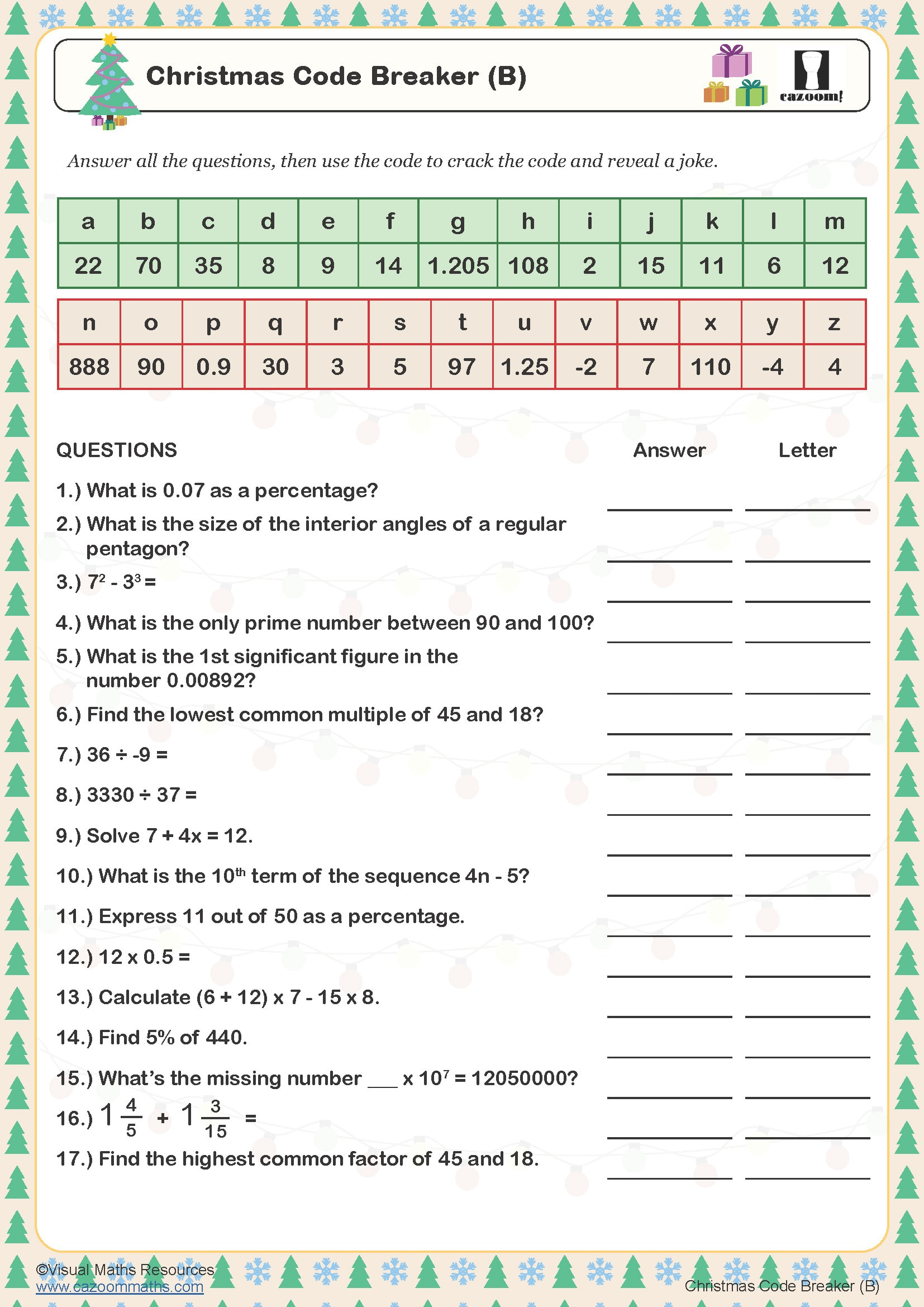Christmas Code Breaker (B) Worksheet | Cazoom Maths Worksheets inside Christmas Maths Worksheets Year 6
